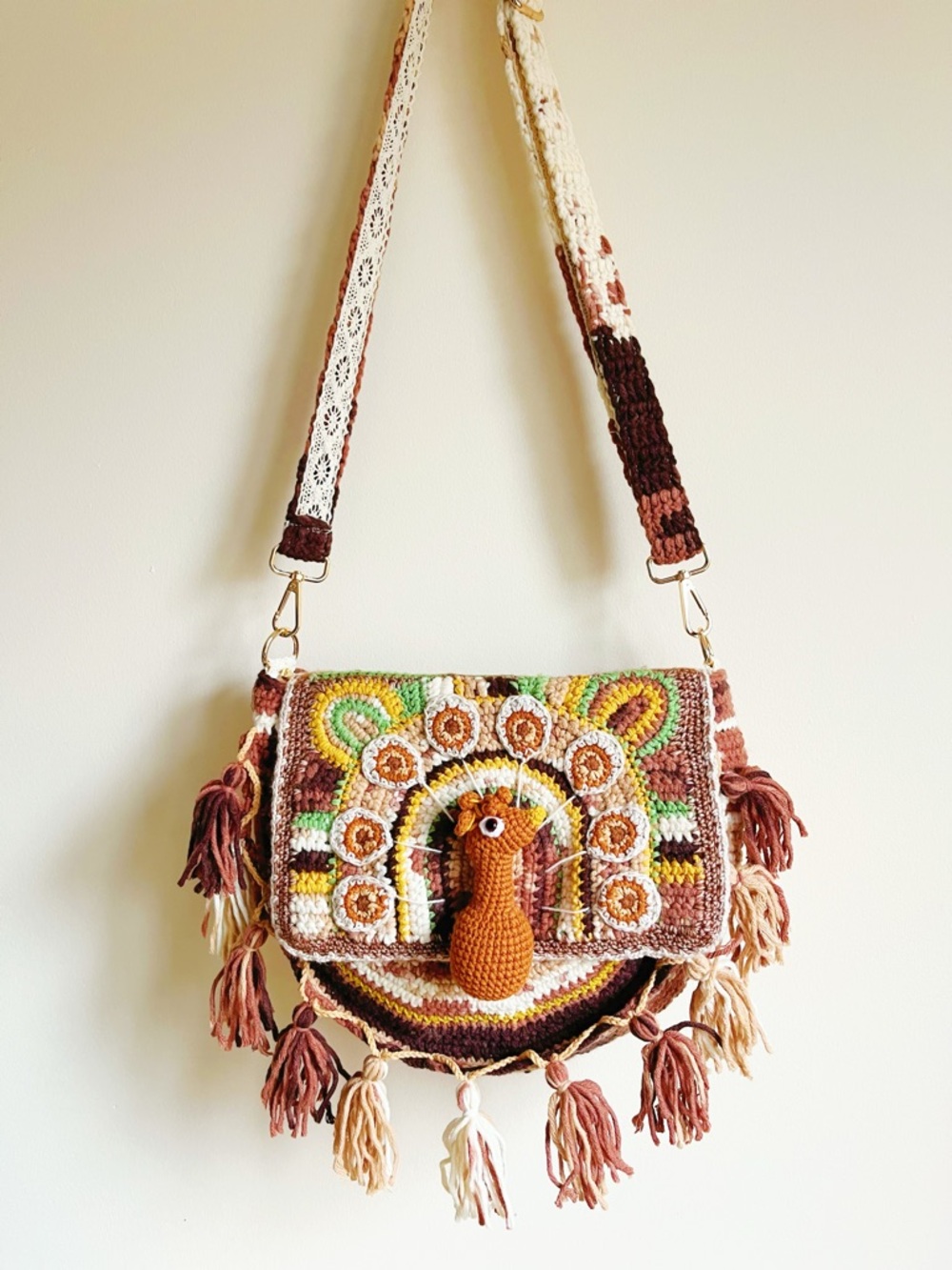 Handmade Crochet Peacock Boho Bag with Fringe